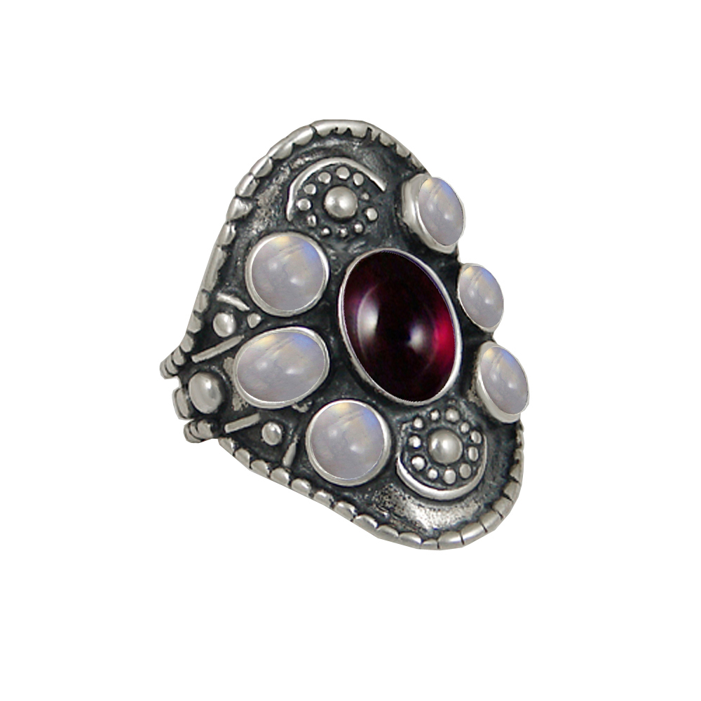 Sterling Silver High Queen's Ring With Garnet And Rainbow Moonstone Size 10